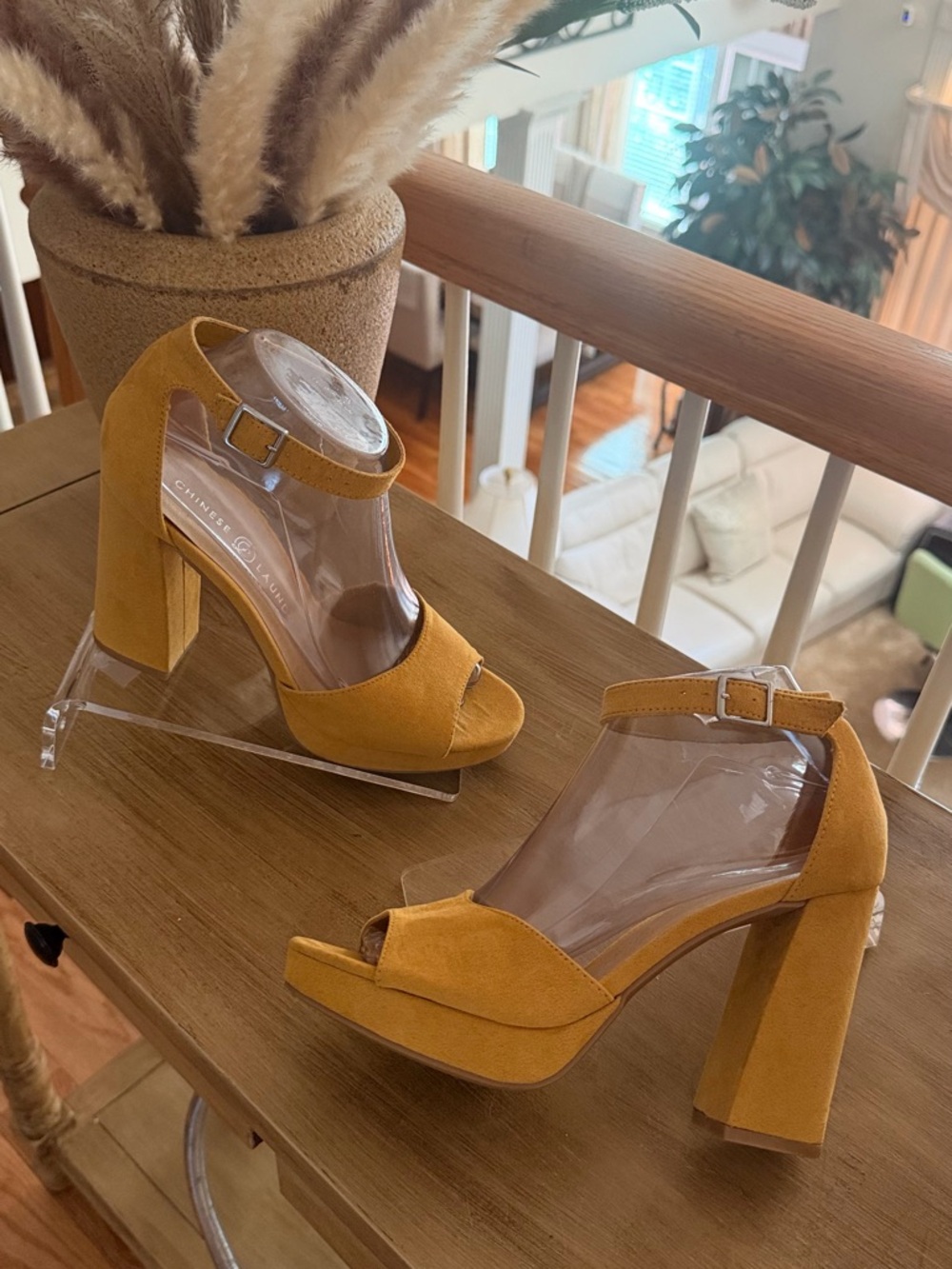 Chinese Laundry Mustard Yellow Suede Platform Block Heels
